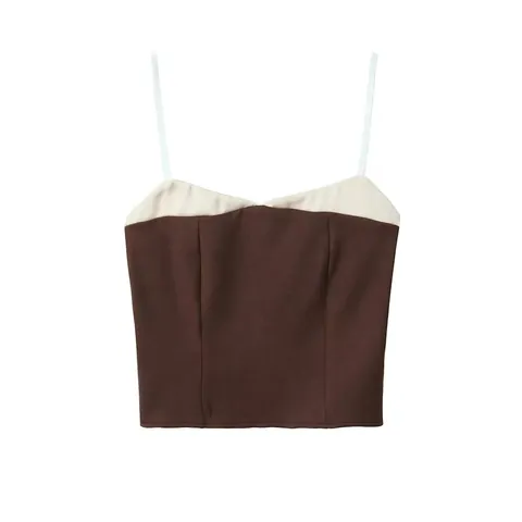 Women Contrast Color Camisole Top Spaghetti Strap Slim Fit Smocking Back Dark Brown Sexy Streetwear Cropped Tank Top