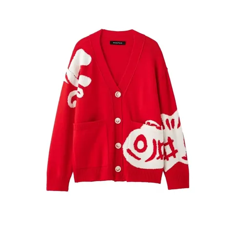 Cardigan in Maglia da Donna con Scollo a V Maglione Vestibilità Ampia Motivo Jacquard a Contrasto Grandi Tasche Capispalla Streetwear Rosso