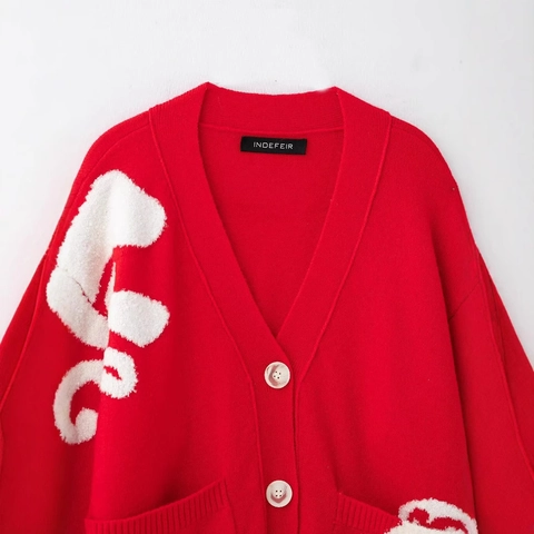 Cardigan in Maglia da Donna con Scollo a V Maglione Vestibilità Ampia Motivo Jacquard a Contrasto Grandi Tasche Capispalla Streetwear Rosso