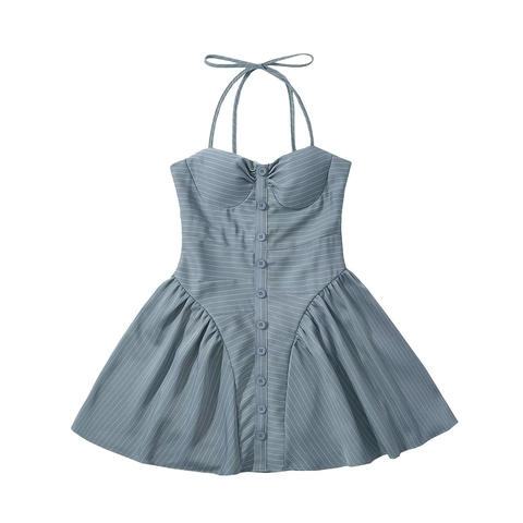 Damen Casual Neckholder Gestreiftes Minikleid Einreihig Ärmellos Rückenfrei Plissiert A-Linie Slim Fit Mode Kurzes Kleid