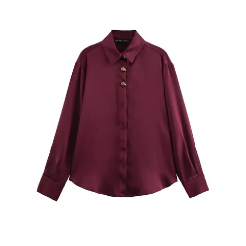 Elegante Blusa de Satén de Manga Larga para Mujer Botones Dorados Irregulares Color Sólido Burdeos Camisa Oficina Fiesta Mujer Tops