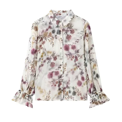 Chemisier Élégant à Imprimé Floral pour Femmes Fil Métallique Doré Revers Manches Longues Chemise Mousseline