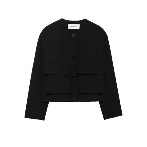 Chaqueta Cargo Casual para Mujer Cuello Redondo Manga Larga Color Sólido Botones Exterior Corto Con Bolsillos de Solapa