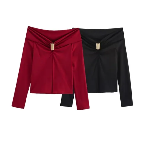 Damen Elegant Schulterfrei Langarm Oberteil Mit Goldener Dekoschnalle Einfarbig Slim Fit Polyester Strick Shirt