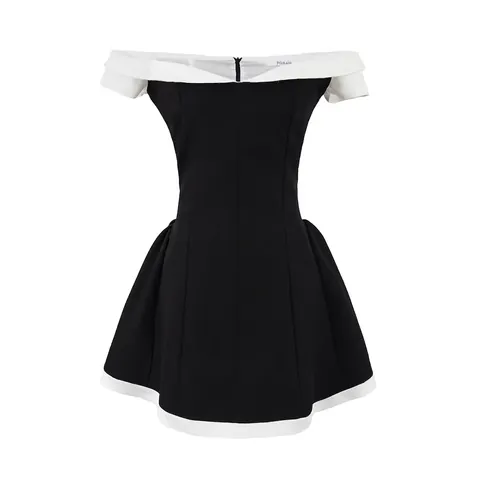 Abito Mini Donna Elegante Spalle Scoperte Contrasto Bianco Nero Vestibilità Aderente Senza Maniche Senza Schienale Per Festa