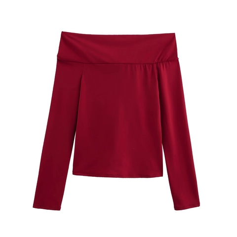 Damen Elegant Schulterfrei Langarm Oberteil Mit Goldener Dekoschnalle Einfarbig Slim Fit Polyester Strick Shirt