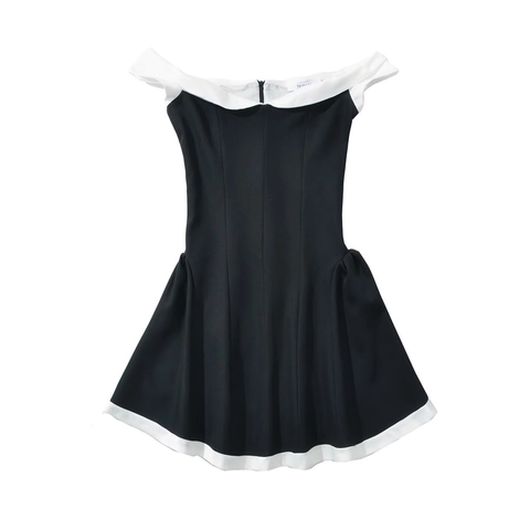 Abito Mini Donna Elegante Spalle Scoperte Contrasto Bianco Nero Vestibilità Aderente Senza Maniche Senza Schienale Per Festa