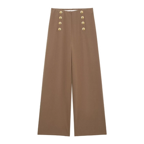 Damen Hohe Taille Hose Weites Bein Zweireiher Goldene Löwenknöpfe Elegant Kaffee Büro Damen Lange Freizeithose