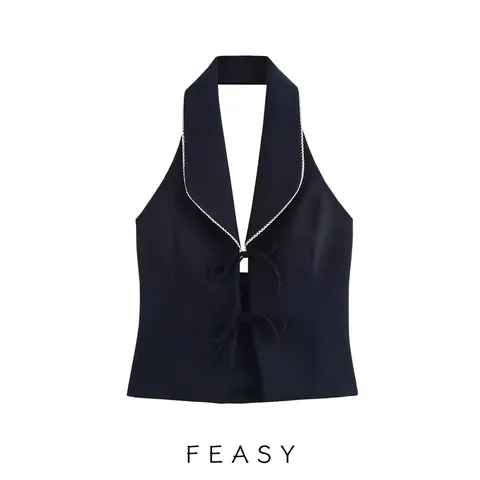 Dames Elegante Haltertop Strik Decoratie Contrast Kant Mouwloos Slim Fit Polyester Commuter Vest Top Blouse