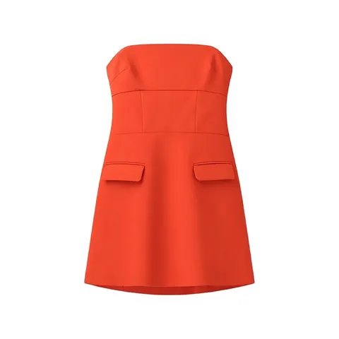 Vestido Mini de Tubo sin Tirantes para Mujer Elegante Naranja Color Sólido Con Bolsillos de Solapa Decorativos Cintura Alta Fiesta de Verano Línea A