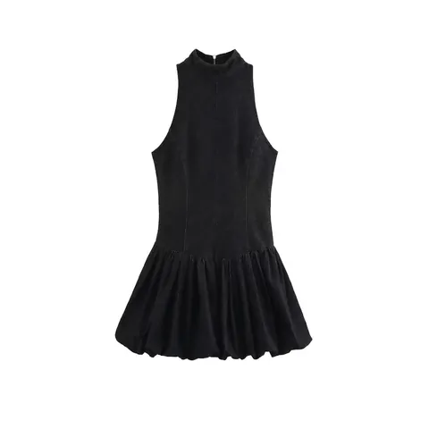 Vestido Mini para Mujer Sin Mangas Cuello Alto Negro Dobladillo Burbuja Color Sólido Plisado Moda Callejera Cremallera Trasera