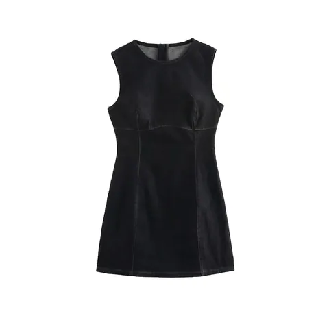Women Casual Sleeveless Dress Round Neck Slim Fit A-Line Mini Dress Denim Texture Back Zipper Streetwear Solid Fashion Vest Dress