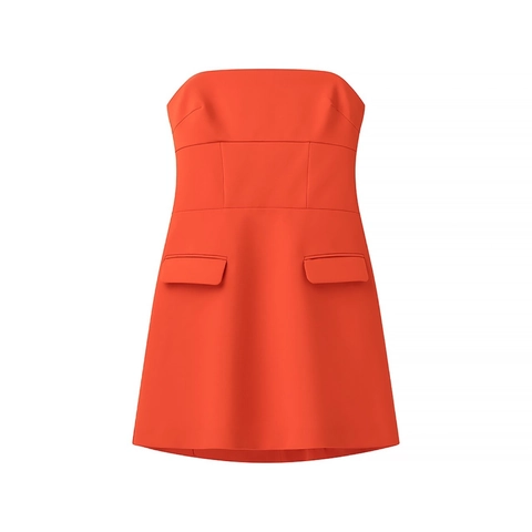 Vestido Mini de Tubo sin Tirantes para Mujer Elegante Naranja Color Sólido Con Bolsillos de Solapa Decorativos Cintura Alta Fiesta de Verano Línea A