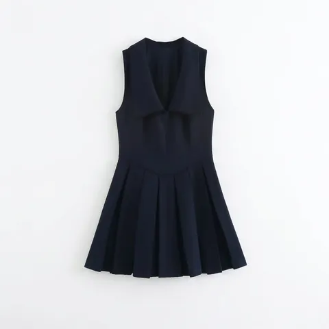 Women Casual Navy Blue Sleeveless Pleated Mini Dress With Big Lapel Collar Slim Fit Mesh Splicing Summer Streetwear Clothing