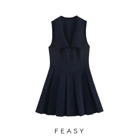 Abito Mini a Pieghe Senza Maniche Blu Navy da Donna Con Collo a Revers Grande Vestibilità Slim Mesh Splicing Streetwear Estivo