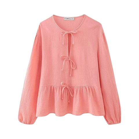 Ropa de Dormir Casual Rosa de Gasa Arrugada para Mujer con Top y Pantalones Lazo Dobladillo Peplum y Pantalones de Pierna Ancha