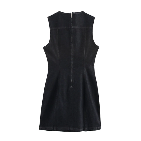 Women Casual Sleeveless Dress Round Neck Slim Fit A-Line Mini Dress Denim Texture Back Zipper Streetwear Solid Fashion Vest Dress