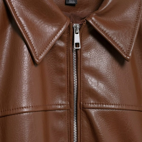 Women's Casual PU Leather Jacket Vintage Brown Zip Up Moto Bomber Coat With Pockets Loose Fit Outwear For Spring Autumn