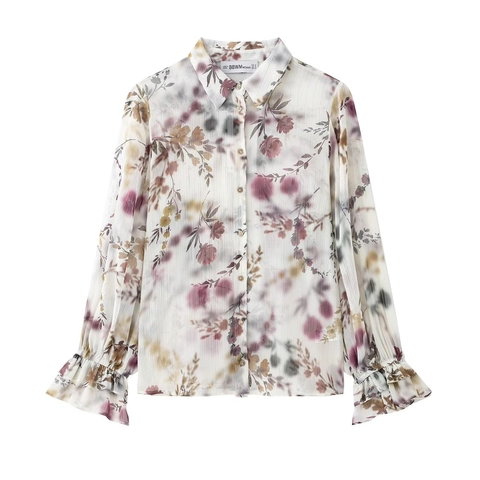 Chemisier Élégant à Imprimé Floral pour Femmes Fil Métallique Doré Revers Manches Longues Chemise Mousseline