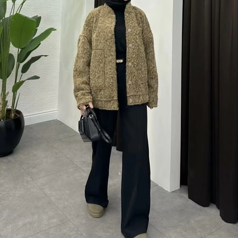 Women Casual Faux Fur Sherpa Jacket Solid Color Round Neck Long Sleeve Loose Warm Outerwear Fleece Coat For Autumn Winter