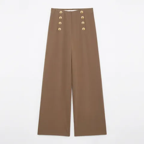 Damen Hohe Taille Hose Weites Bein Zweireiher Goldene Löwenknöpfe Elegant Kaffee Büro Damen Lange Freizeithose