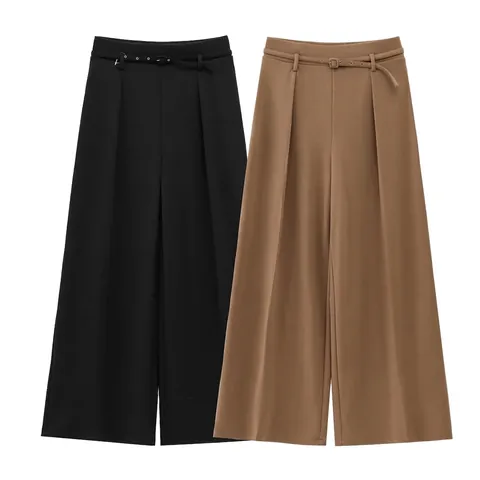 Pantaloni a Gamba Larga da Donna a Vita Alta in Misto Lino Con Cintura Tinta Unita Eleganti Pantaloni Dritti da Ufficio
