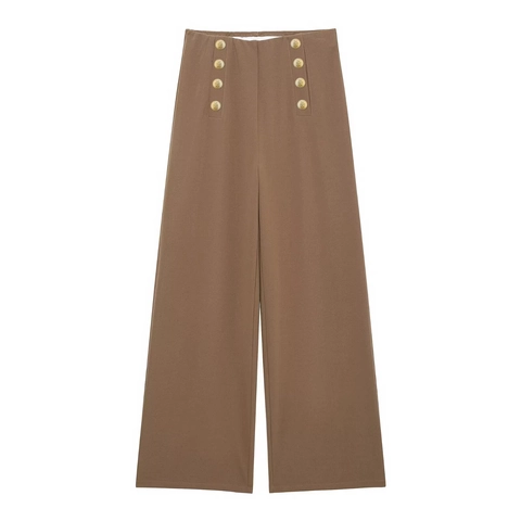 Women's High Waist Wide Leg Pants Double Breasted Gold Lion Button Trousers Elegant Coffee Office Lady Full Length Casual Pants