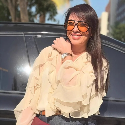 Camicetta da Donna Elegante Scollo a V con Volant a Strati in Chiffon Manica a Lanterna Lunga Camicia Casual