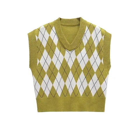 Dames Preppy Stijl Argyle Gebreide Vest V-hals Mouwloos Crop Sweater Vest Vintage Groen Kleurblok Gebreide Taillejas Top