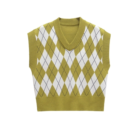 Dames Preppy Stijl Argyle Gebreide Vest V-hals Mouwloos Crop Sweater Vest Vintage Groen Kleurblok Gebreide Taillejas Top
