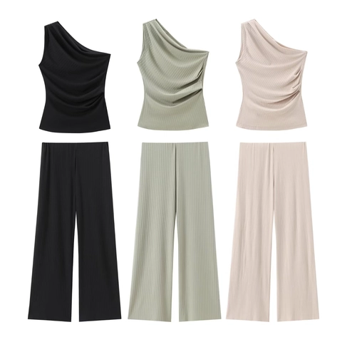 Top Senza Maniche Monospalla E Pantaloni A Gamba Larga A Vita Alta In Maglia A Costine Completi Eleganti Tinta Unita