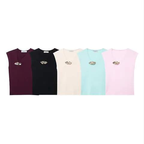 Canotta da Donna Sexy con Scollo a V Senza Maniche in Maglia Con Fibbia in Metallo Ondulato Oro Tinta Unita Streetwear Estate