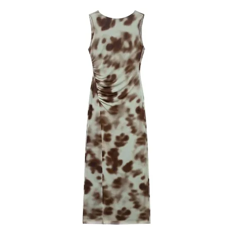 Damen Ärmellos Mesh Gerafft Maxi Kleid Abstrakt Batikdruck Rundhals Bodycon Slim Fit Langes Kleid Für Party Urlaub