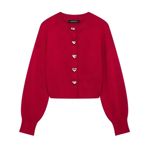 Women Red Knit Cardigan Sweater With Silver Heart Buttons Round Neck Long Sleeve Short Knitted Top For Daily Casual Streetwear