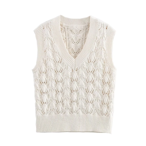 Women's V Neck Hollow Out Knit Vest Beige Sleeveless Crochet Sweater Tank Top Ribbed Trim Casual Knitwear Top For Spring
