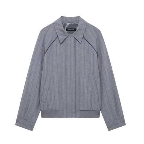 Women's Casual Grey Striped Bomber Jacket Elegant Vertical Stripes Raglan Sleeve Button Up Coat With Ribbed Hem Cuffs