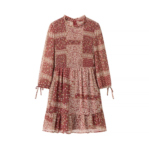 Women Bohemian Paisley Patchwork Print Dress Ruffled Stand Collar Long Sleeve Bow Tie Cuff Smocked Tiered Midi Dress
