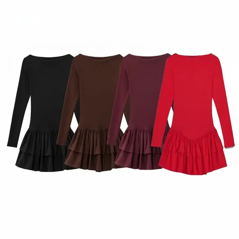 Elegante Dames Mini-Jurk met Lange Mouwen en Blote Schouders Ruffle Layered Zoom Slim Fit Effen Voorjaar