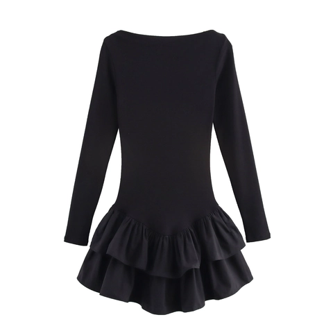 Elegante Dames Mini-Jurk met Lange Mouwen en Blote Schouders Ruffle Layered Zoom Slim Fit Effen Voorjaar