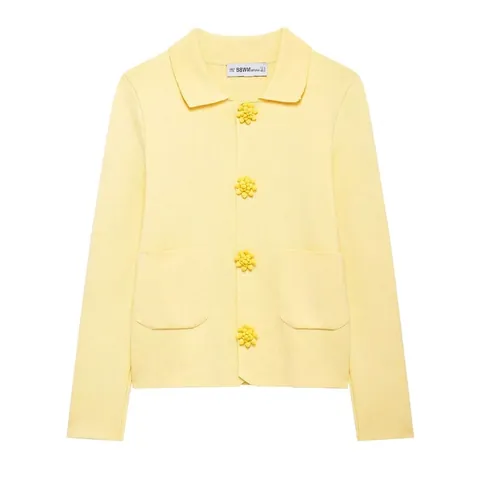 Cárdigan de Punto Dulce para Mujer con Cuello Polo Suéter de Manga Larga con Botones de Flores 3D y Bolsillos Amarillos