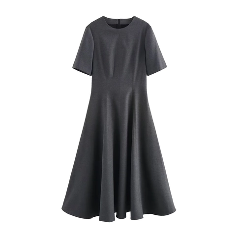 Robe Midi En Polyester Couleur Unie Élégante Manches Courtes Col Rond Taille Haute Coupe Trapèze Style Vintage Pour Femmes