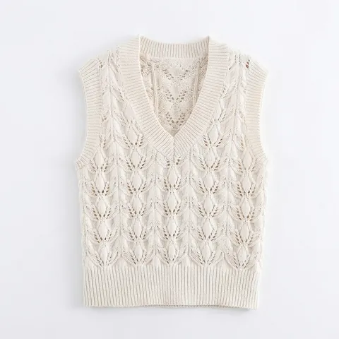 Dames V-hals Opengewerkte Gebreide Spencer Beige Mouwloze Gehaakte Trui Tanktop Ribgebreide Afwerking Casual Top Lente