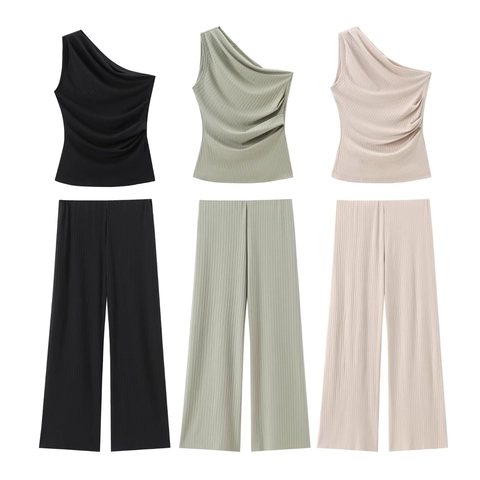 Women Ribbed Knit Asymmetric One Shoulder Ruched Top And High Waist Wide Leg Pants Solid Color Casual Outfit