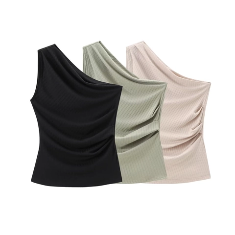 Women Ribbed Knit Asymmetric One Shoulder Ruched Top And High Waist Wide Leg Pants Solid Color Casual Outfit