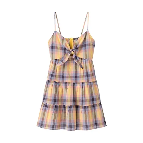 Abito Mini a Strati a Quadretti Multicolore da Donna Spalline Sottili Scollo a V Arricciato Schiena Scoperta Linea a A Dolce Estate Vacanza Festa