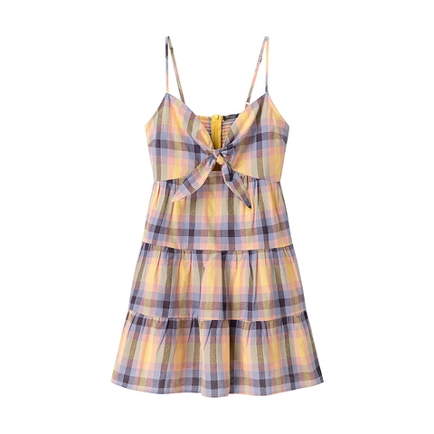 Abito Mini a Strati a Quadretti Multicolore da Donna Spalline Sottili Scollo a V Arricciato Schiena Scoperta Linea a A Dolce Estate Vacanza Festa
