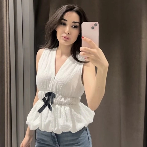 Top Peplum Donna Senza Maniche Scollo a V Bianco Tessuto Increspato Elegante Vita Arricciata Con Fiocchi Neri Per Festa