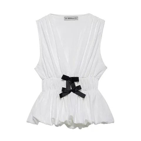 Top Peplum Donna Senza Maniche Scollo a V Bianco Tessuto Increspato Elegante Vita Arricciata Con Fiocchi Neri Per Festa