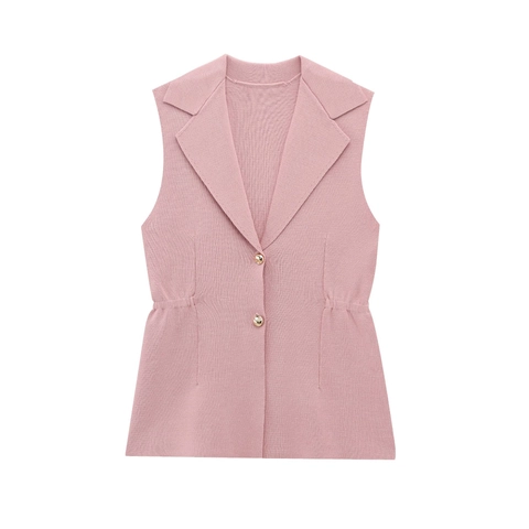 Top Senza Maniche in Maglia da Donna Colletto a Revers Bottoni Metallici Pieghe in Vita Gilet a Coste Casual Street Chic Pendolare