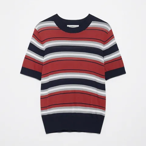 Top de Punto de Manga Corta a Rayas Casual para Mujer Cuello Redondo Estilo Académico Retro Suéter de Poliéster Suave Top de Moda